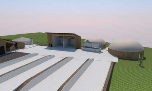 3D-Planung einer modernen Biogasanlage mit Fermentern, Einbringtechnik und Gärrestlagerung für eine effiziente Energiegewinnung.