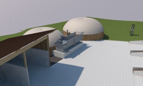 3D-Visualisierung einer modernen Biogasanlage mit Fermentern, Einbringtechnik und Gärrestlager für eine optimierte Energieproduktion.