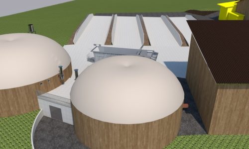 3D-Planung einer modernen Biogasanlage mit Fermentern, Einbringtechnik und Substratlagerung für eine nachhaltige Energieerzeugung.